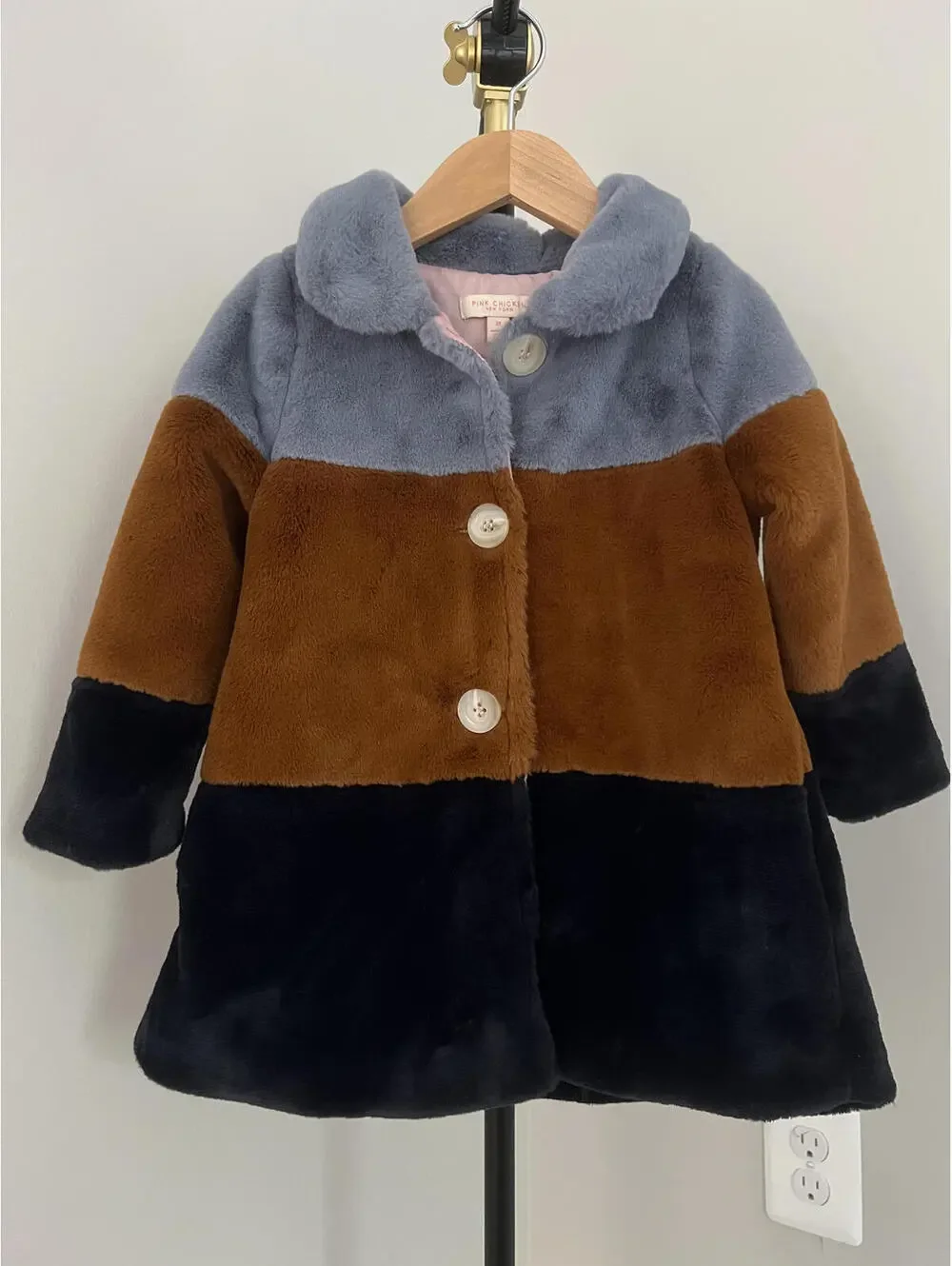 Pink Chicken Faux Fur Kate Coat, Tan/Blue/Brown/Navy